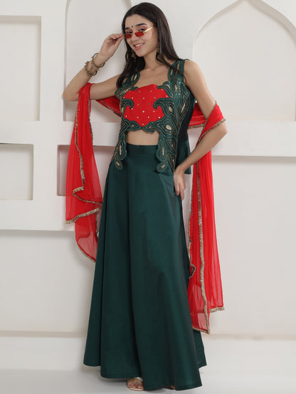 Designer Partywear Green Hand Embellished Patchwork Silk Lehenga Set