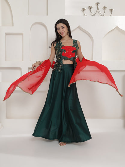 Designer Partywear Green Hand Embellished Patchwork Silk Lehenga Set