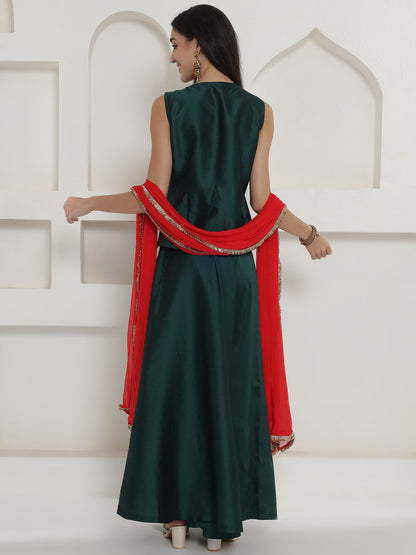 Designer Partywear Green Hand Embellished Patchwork Silk Lehenga Set