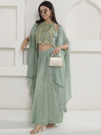 Designer Partywear Pista Green Mirror Work Cape Set
