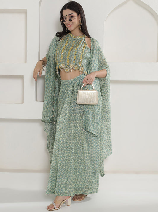 Designer Partywear Pista Green Mirror Work Cape Set