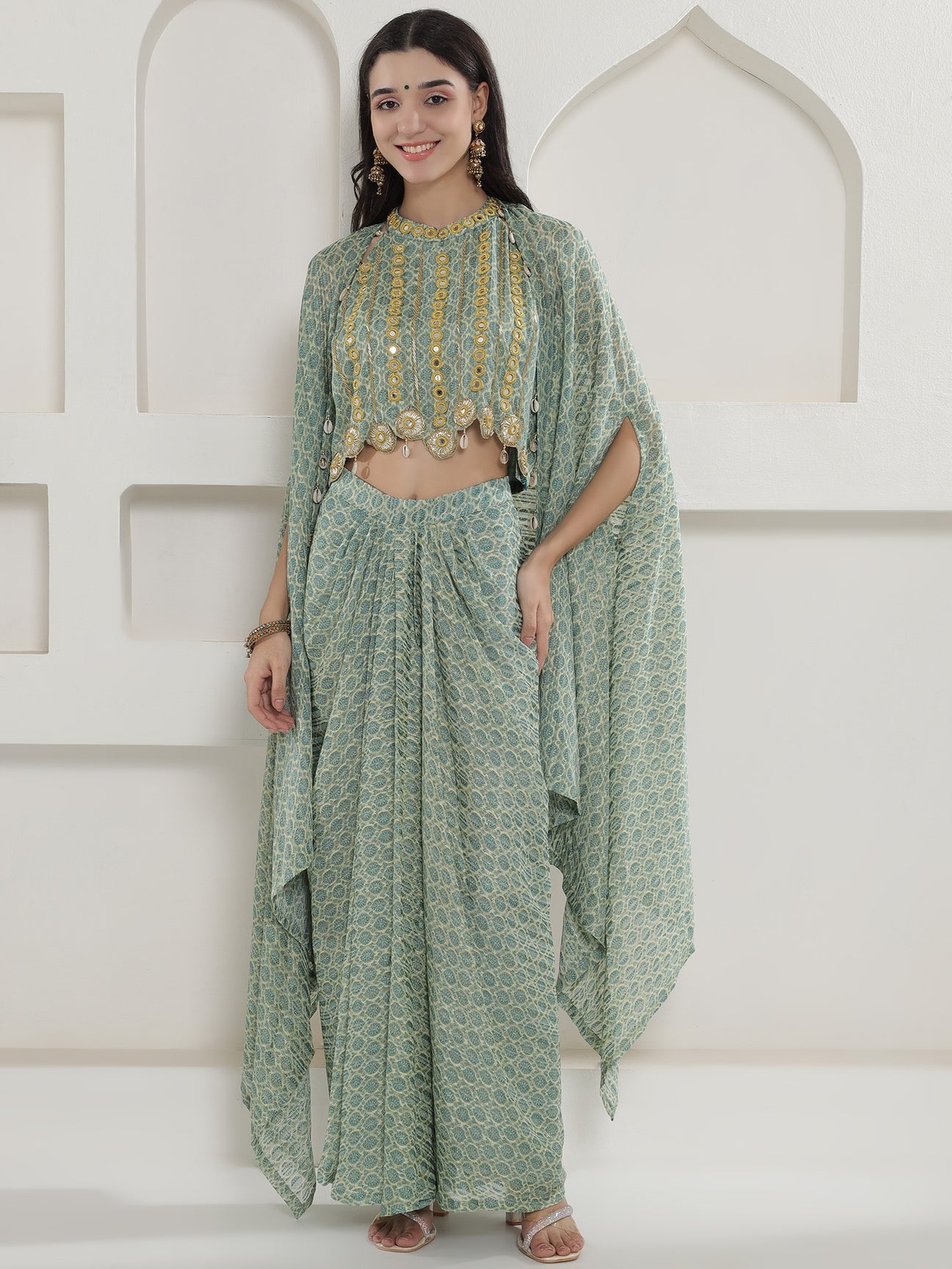 Designer Partywear Pista Green Mirror Work Cape Set