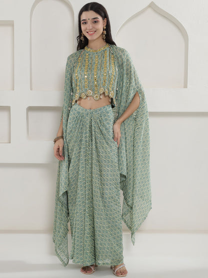 Designer Partywear Pista Green Mirror Work Cape Set