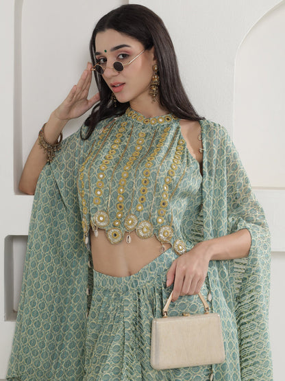 Designer Partywear Pista Green Mirror Work Cape Set