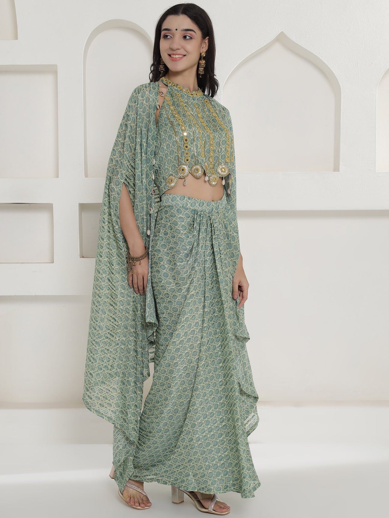 Designer Partywear Pista Green Mirror Work Cape Set