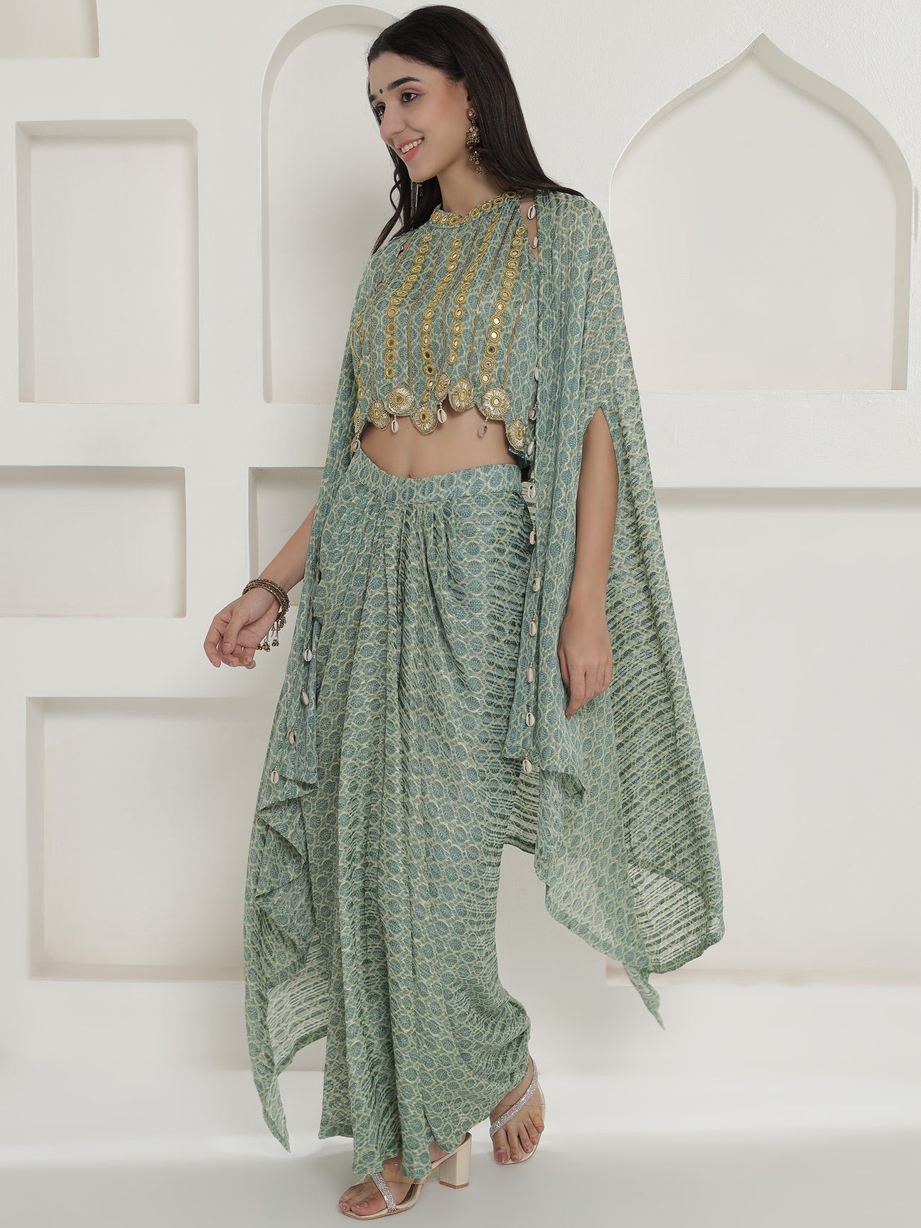 Designer Partywear Pista Green Mirror Work Cape Set