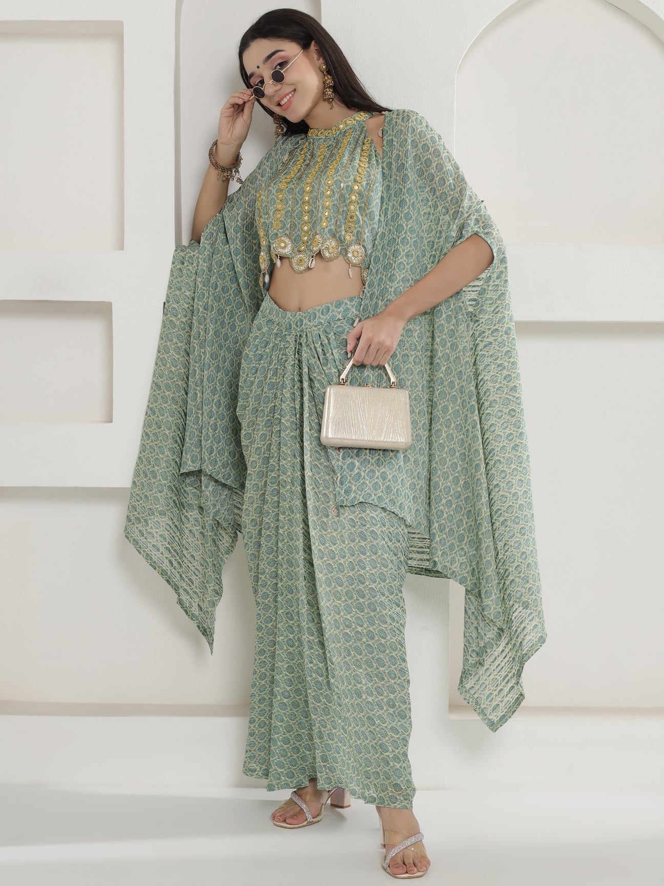 Designer Partywear Pista Green Mirror Work Cape Set