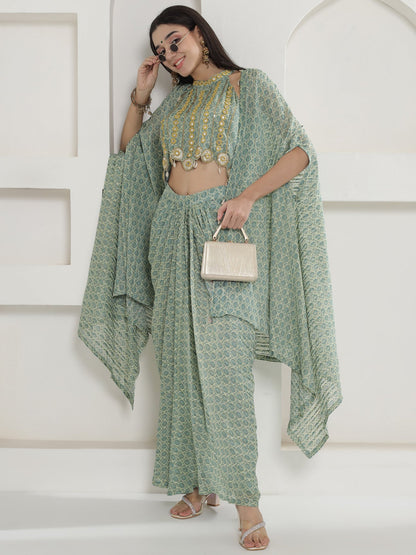 Designer Partywear Pista Green Mirror Work Cape Set