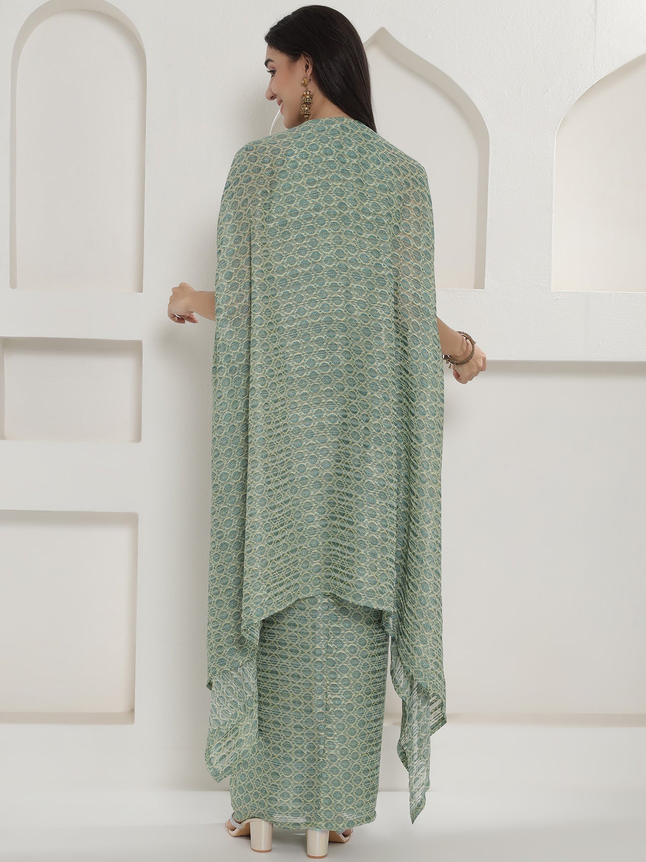 Designer Partywear Pista Green Mirror Work Cape Set