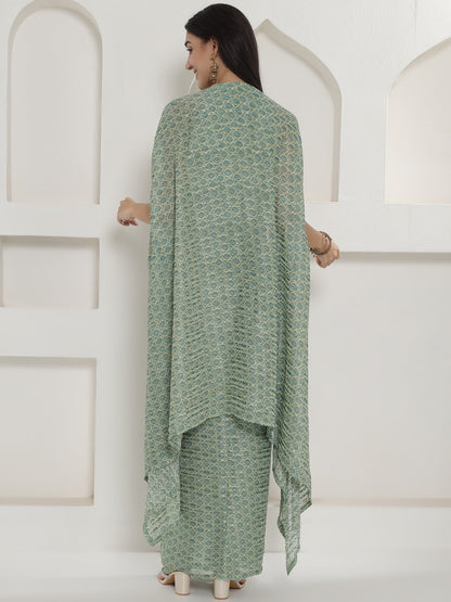 Designer Partywear Pista Green Mirror Work Cape Set