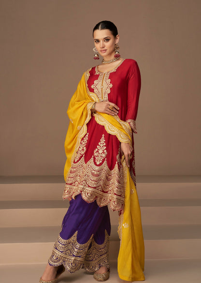 Red & Yellow Zari Embroidered Peplum Suit