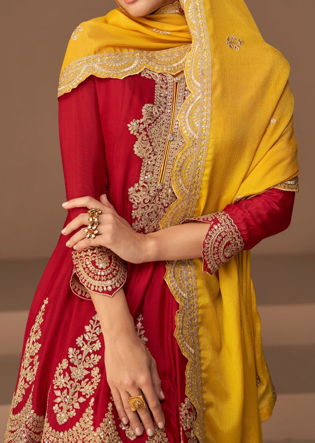 Red & Yellow Zari Embroidered Peplum Suit