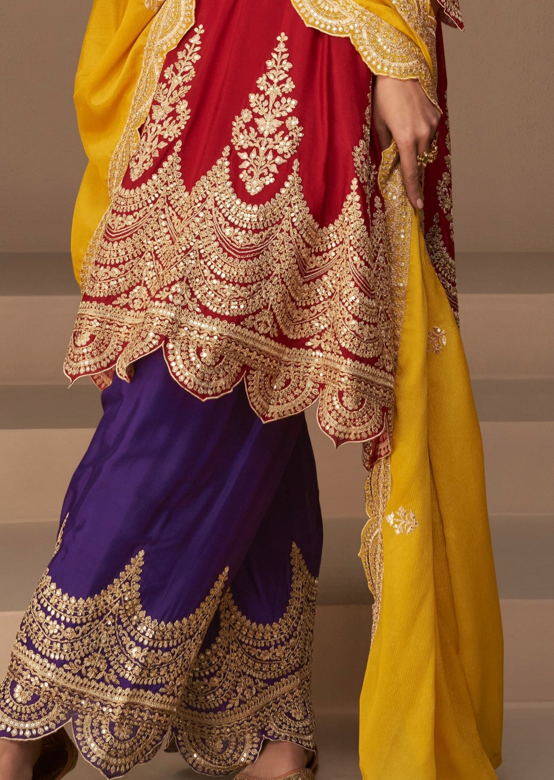 Red & Yellow Zari Embroidered Peplum Suit