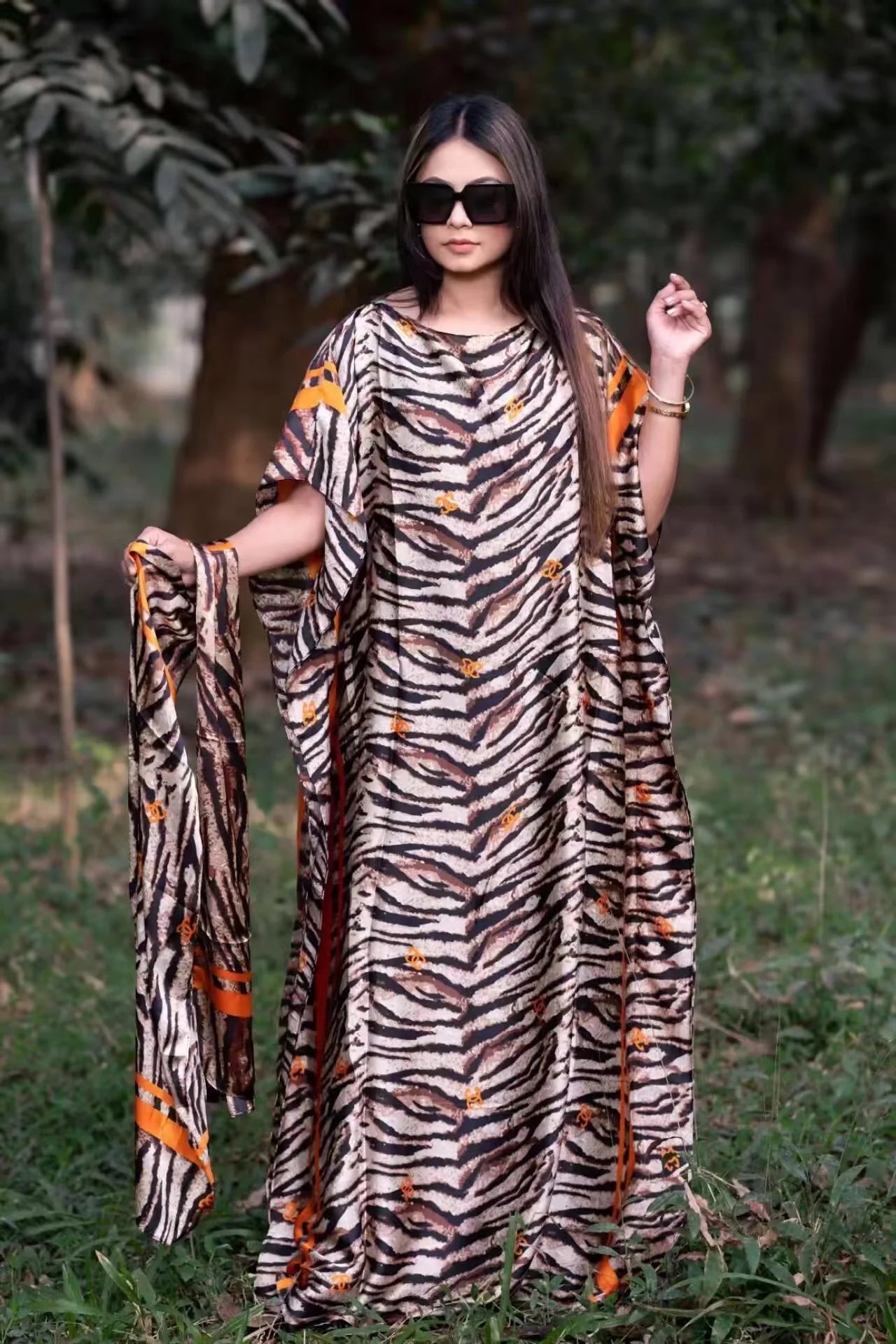Imported Pure Japan Satin Long Kaftan Dress With Stole