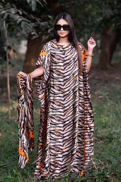 Imported Pure Japan Satin Long Kaftan Dress With Stole