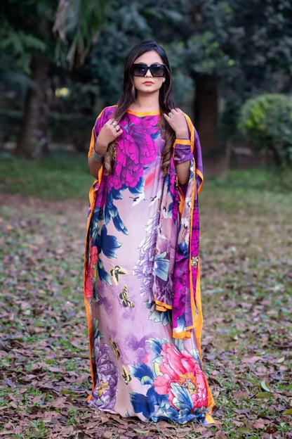 Imported Pure Japan Satin Long Kaftan Dress With Stole