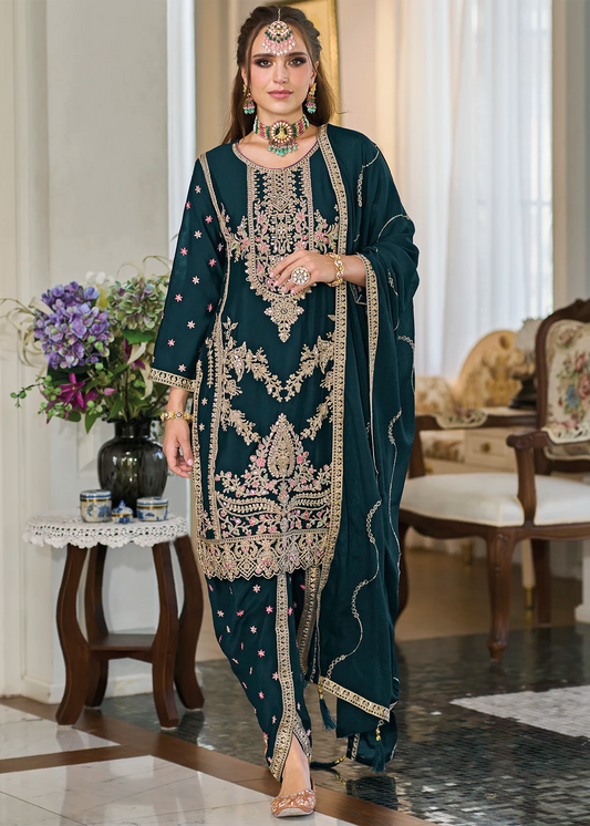 Teal Dhoti Suit with Zari Embroidery Work