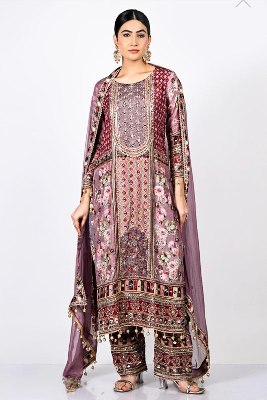 Pure Printed Crepe Mauve Straight Pants Ser Suit with Zari, mirror & Accessory Work