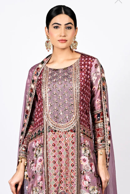 Pure Printed Crepe Mauve Straight Pants Ser Suit with Zari, mirror & Accessory Work