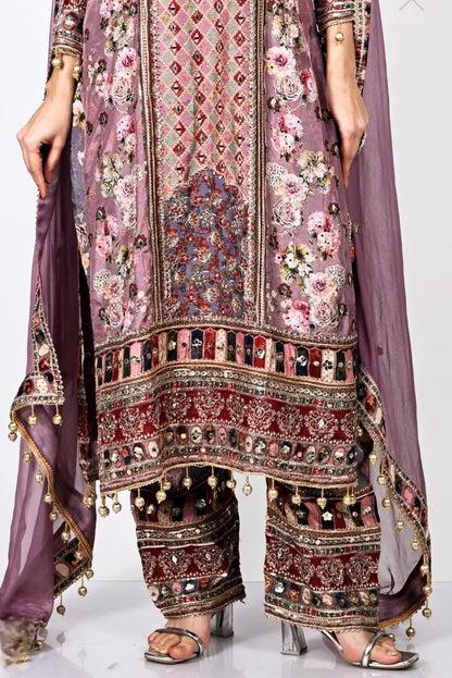 Pure Printed Crepe Mauve Straight Pants Ser Suit with Zari, mirror & Accessory Work