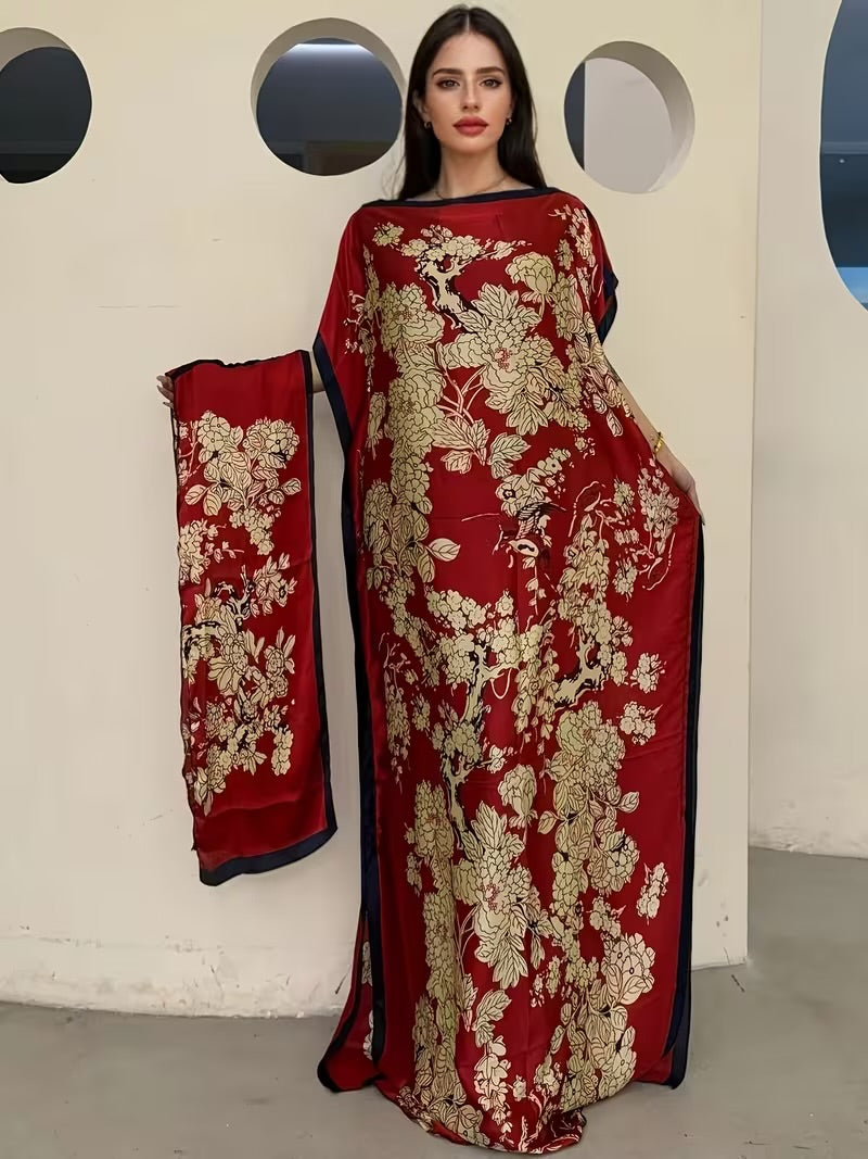 Imported Pure Japan Satin Long Kaftan Dress With Stole