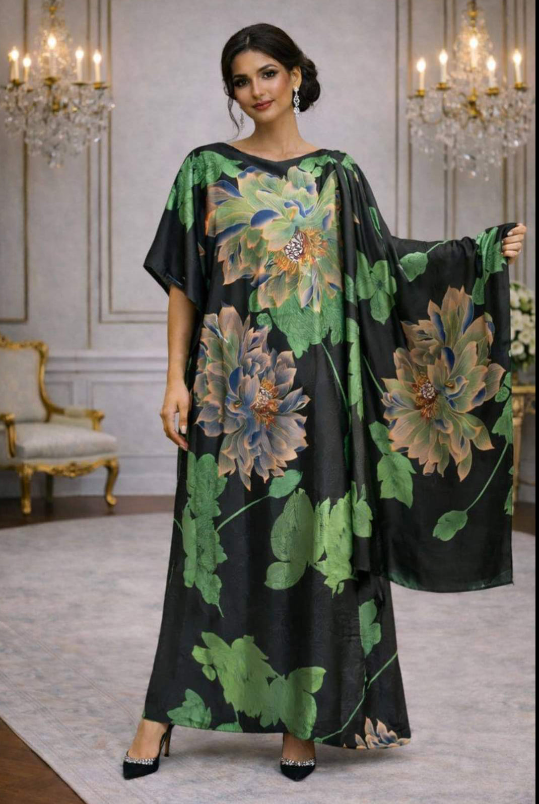 Imported Pure Japan Satin Long Kaftan Dress With Stole