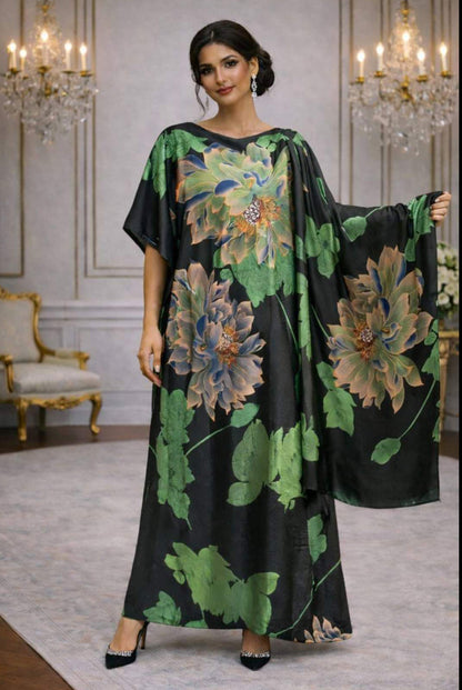 Imported Pure Japan Satin Long Kaftan Dress With Stole