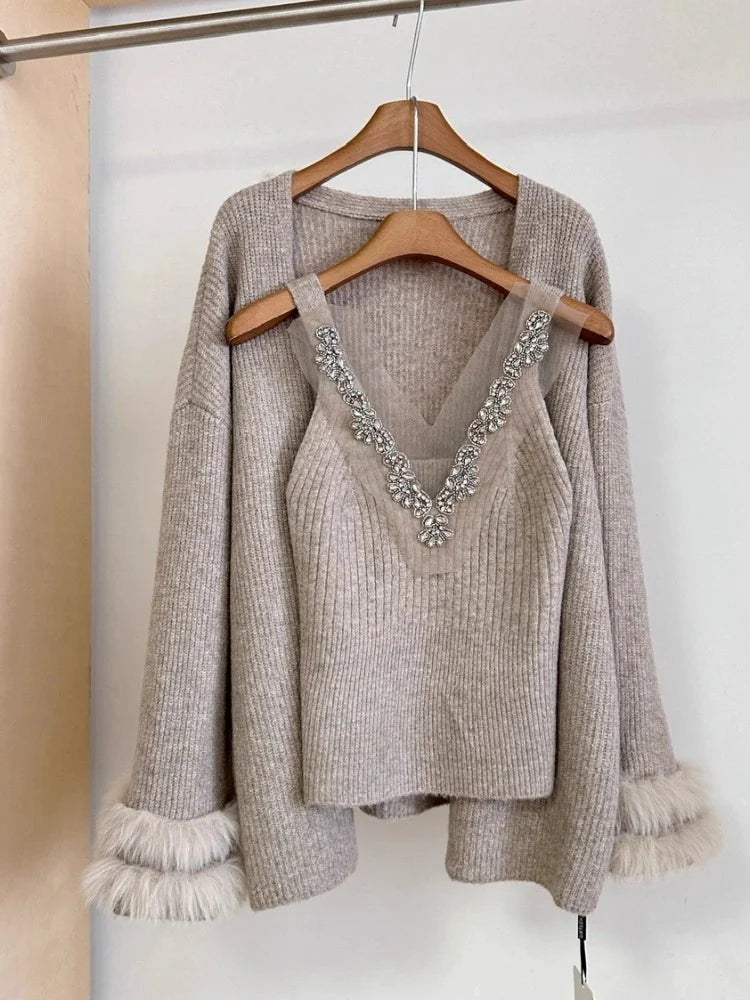 Imported  Luxe Knitted Embellished Blouse with Coordinated Shrug