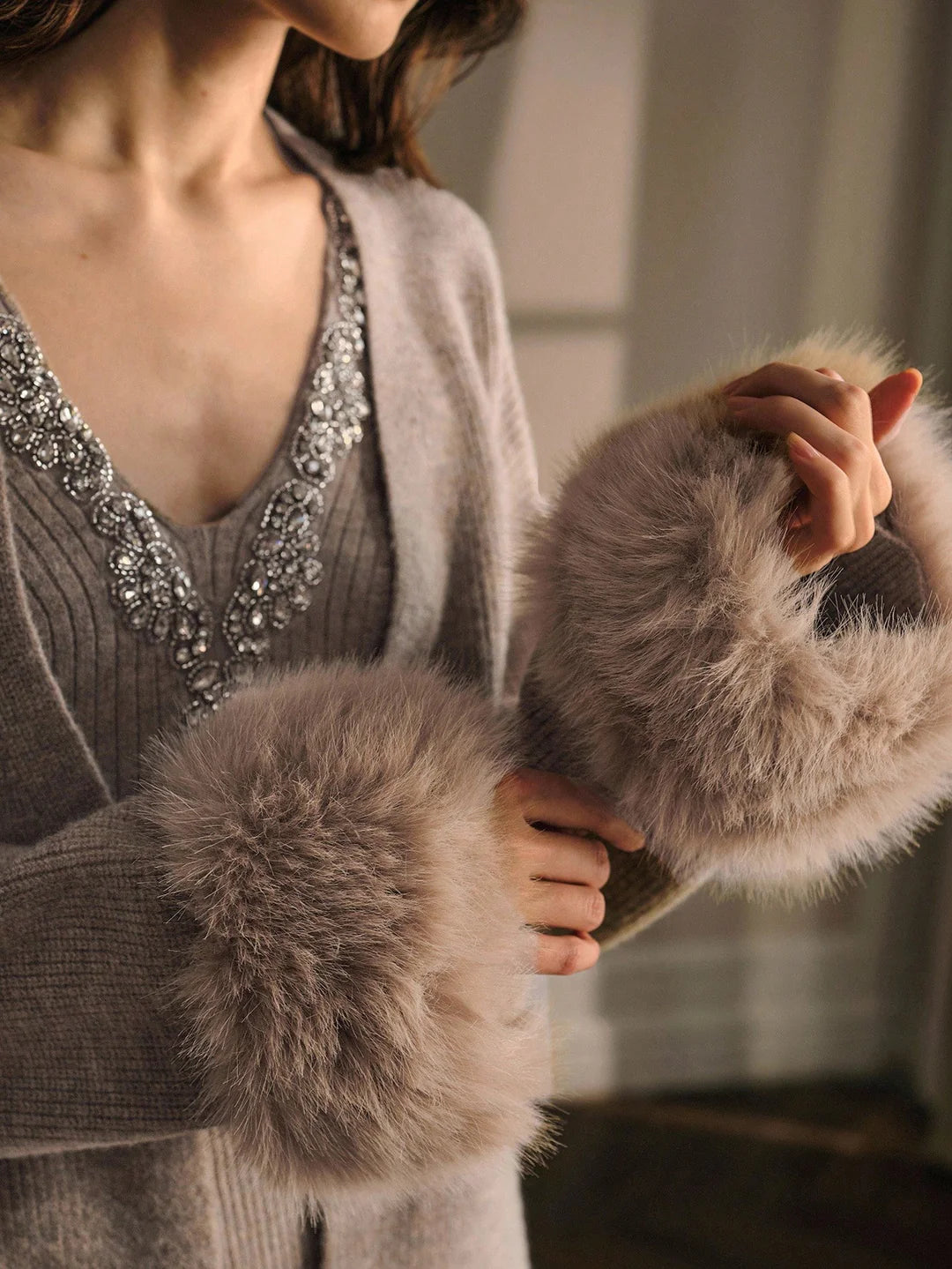 Imported  Luxe Knitted Embellished Blouse with Coordinated Shrug