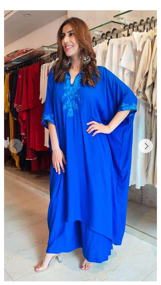 Blue Imported Crepe Embroidered Kaftan Set