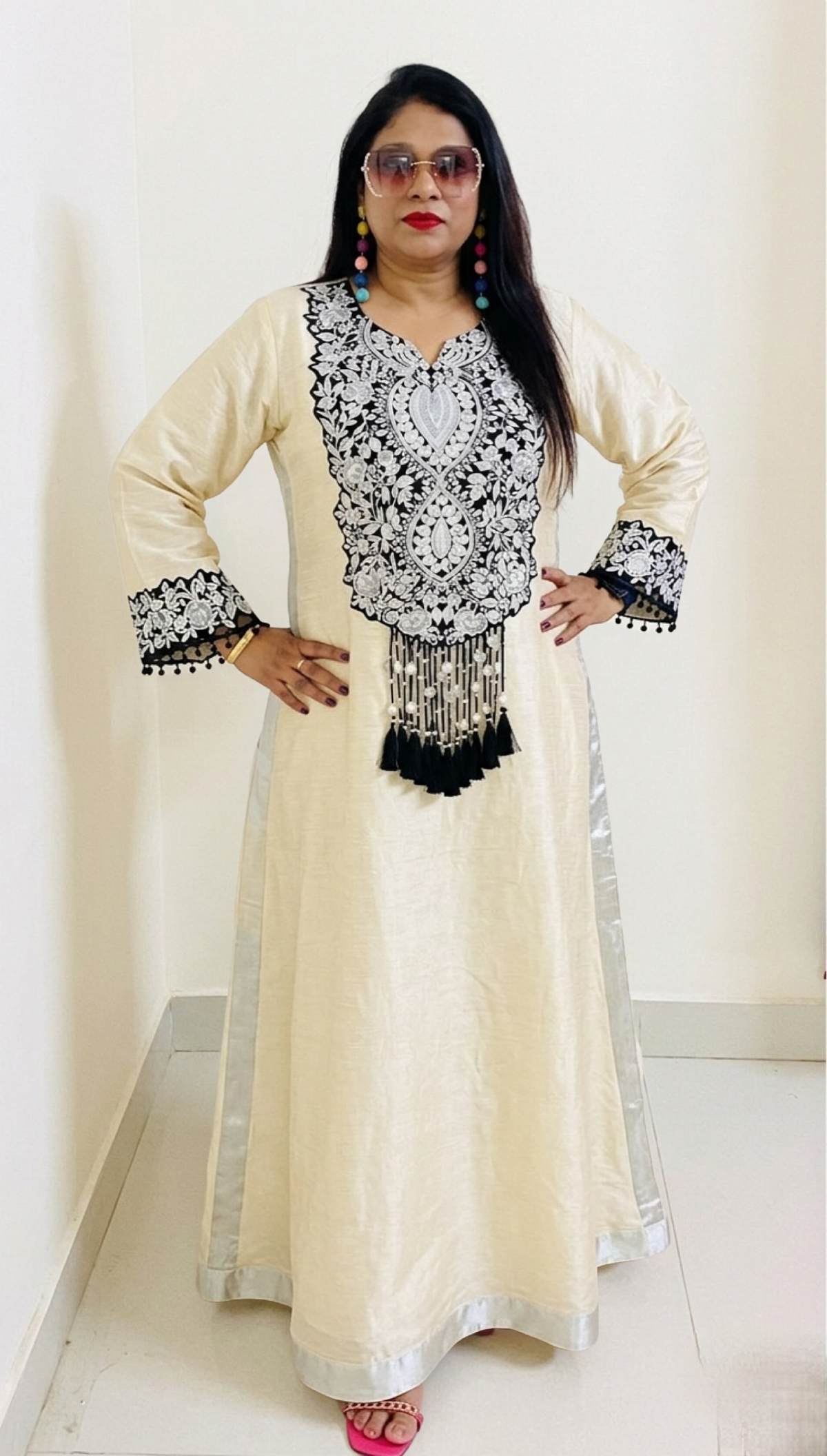 Designer Partywear Organza Shimmer Tissue Pakistani Zari and Mirror work Phiran Kaftan Long Dress