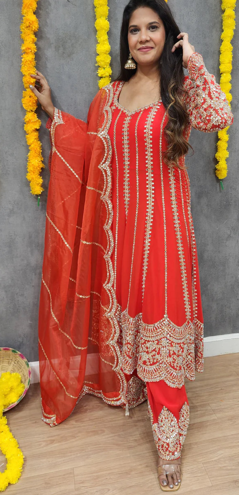 Red Designer Partywear Georgette Anarkali Suit With Heavy Mirror Work