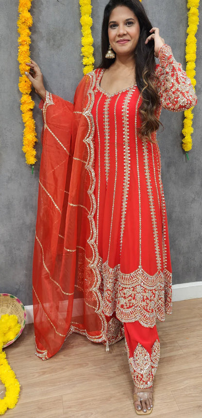Red Designer Partywear Georgette Anarkali Suit With Heavy Mirror Work