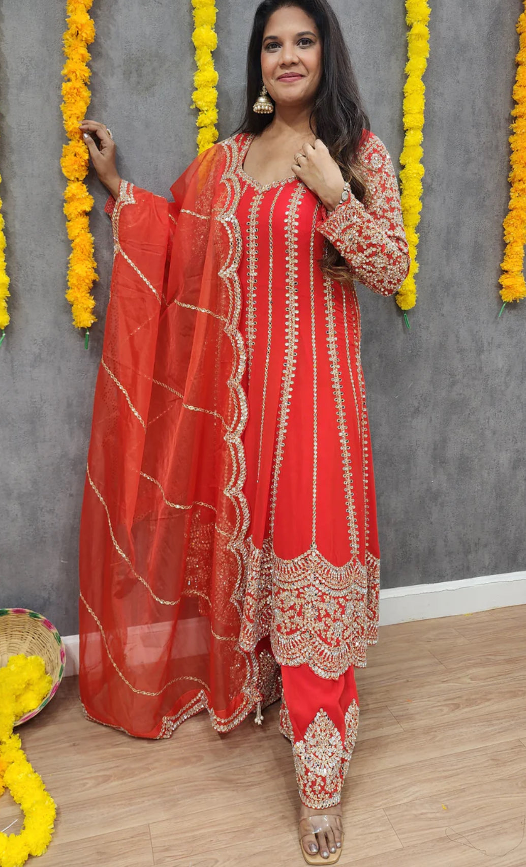 Red Designer Partywear Georgette Anarkali Suit With Heavy Mirror Work