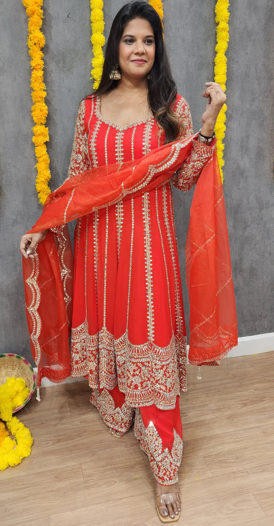 Red Designer Partywear Georgette Anarkali Suit With Heavy Mirror Work
