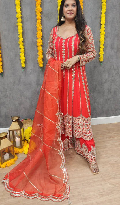 Red Designer Partywear Georgette Anarkali Suit With Heavy Mirror Work