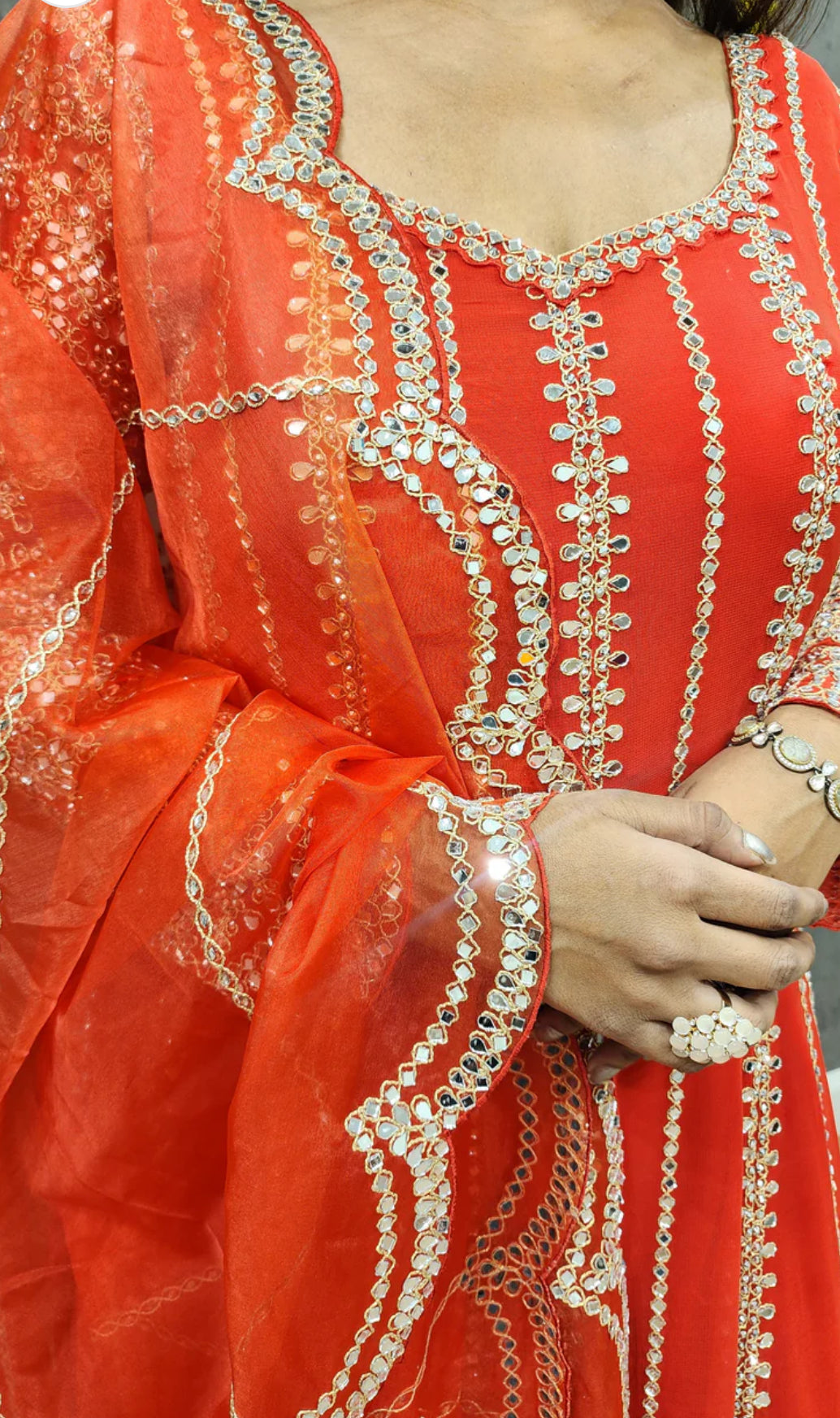 Red Designer Partywear Georgette Anarkali Suit With Heavy Mirror Work