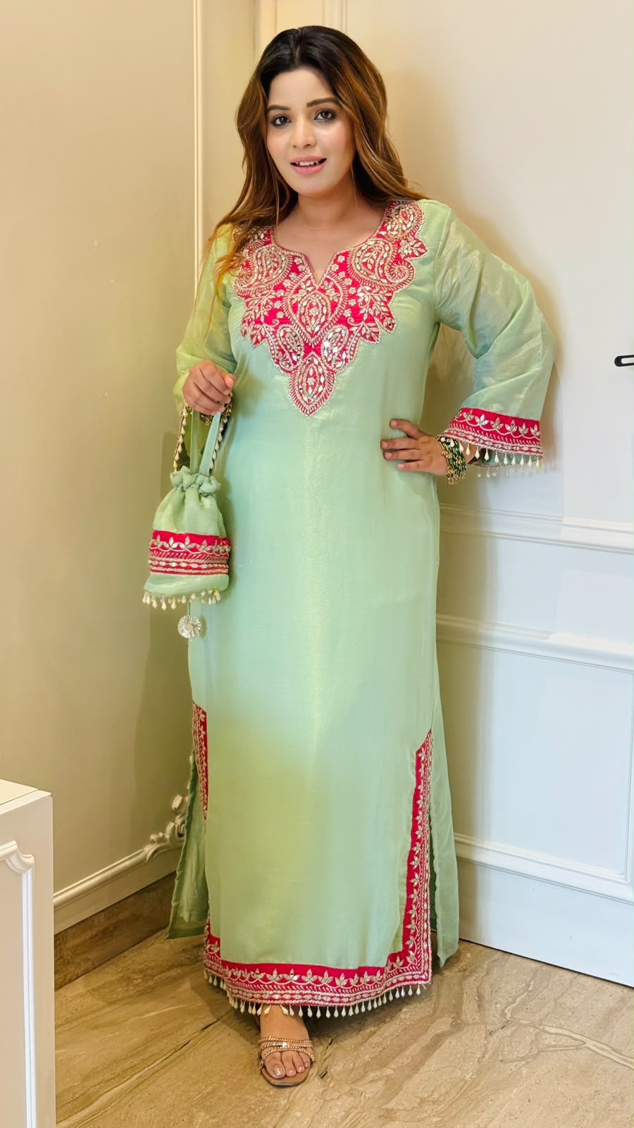 Designer Partywear Shimmer Tissue Pakistani Phiran Kaftan Long Dress