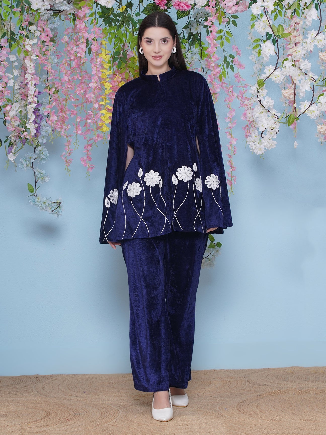 Designer Partywear Blue Velvet Embroidered Cape Co-ord Set
