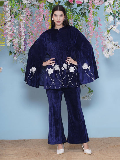 Designer Partywear Blue Velvet Embroidered Cape Co-ord Set