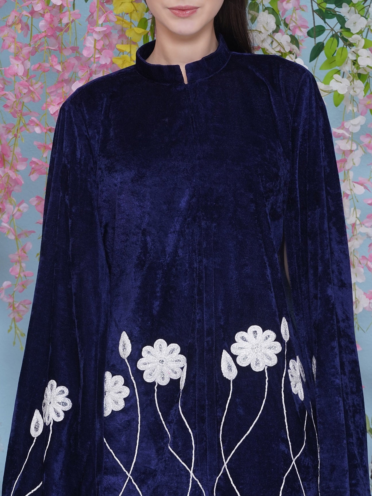 Designer Partywear Blue Velvet Embroidered Cape Co-ord Set