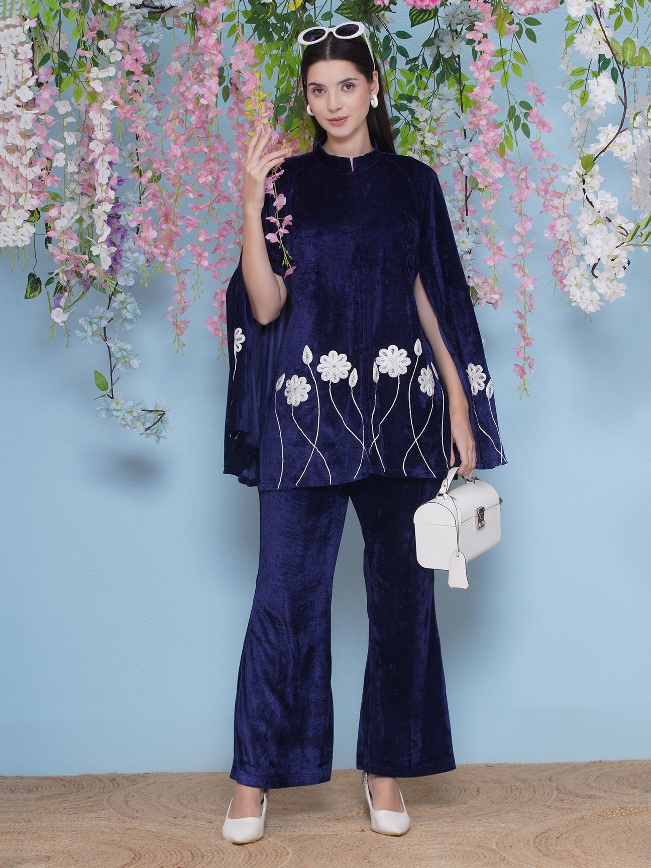 Designer Partywear Blue Velvet Embroidered Cape Co-ord Set