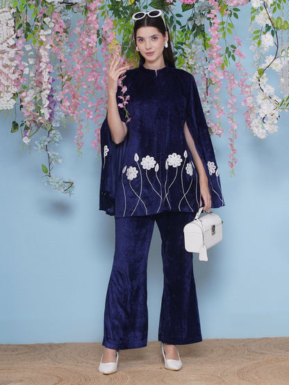 Designer Partywear Blue Velvet Embroidered Cape Co-ord Set
