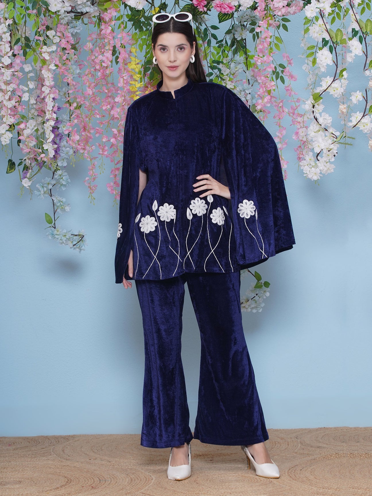 Designer Partywear Blue Velvet Embroidered Cape Co-ord Set