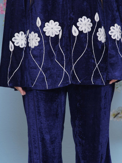 Designer Partywear Blue Velvet Embroidered Cape Co-ord Set