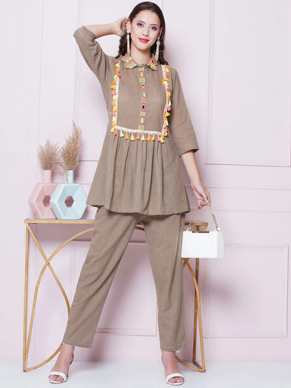 Designer Brownish Mirror Work & Embroidery Cotton Coord Set