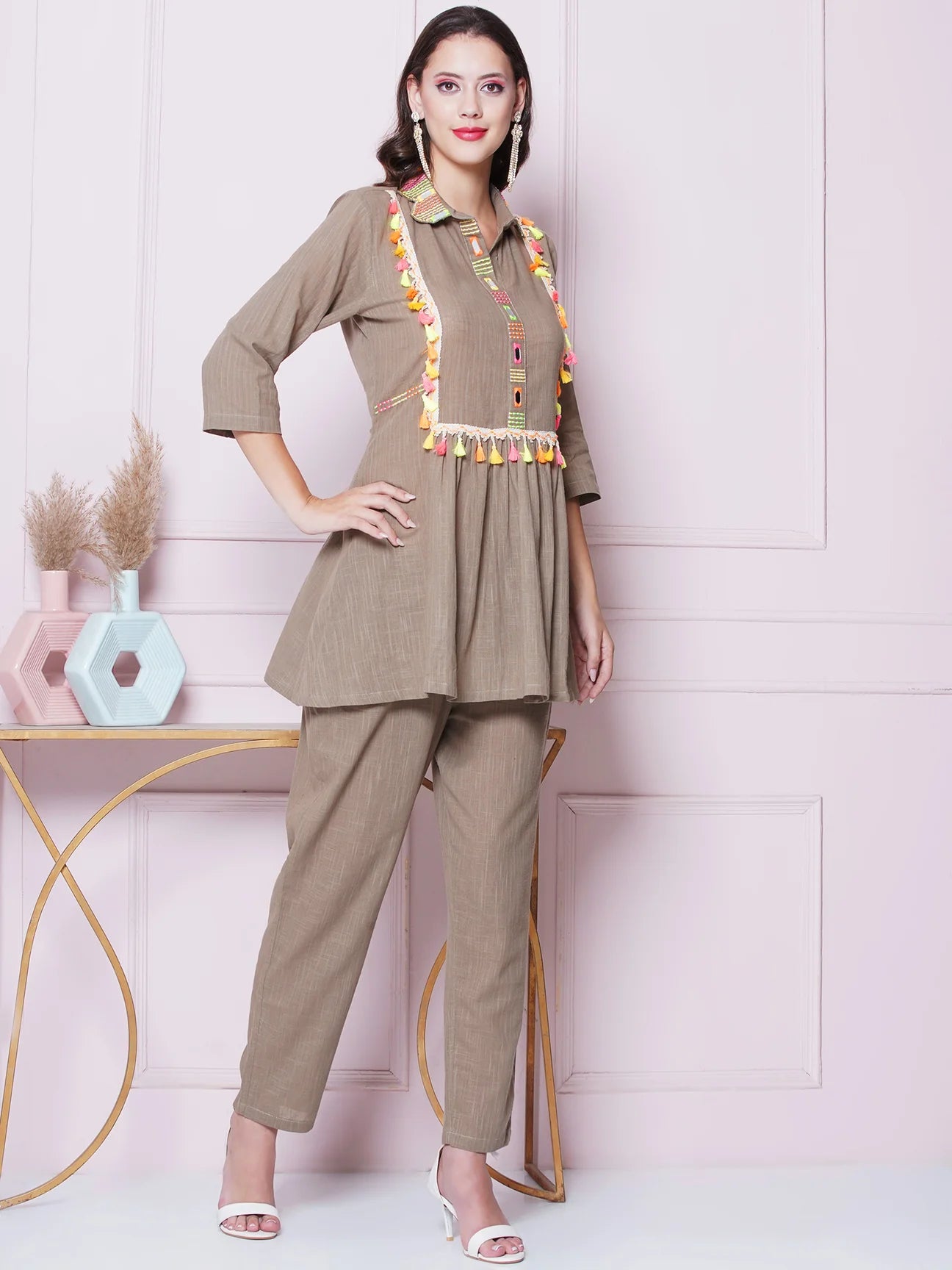 Designer Brownish Mirror Work & Embroidery Cotton Coord Set