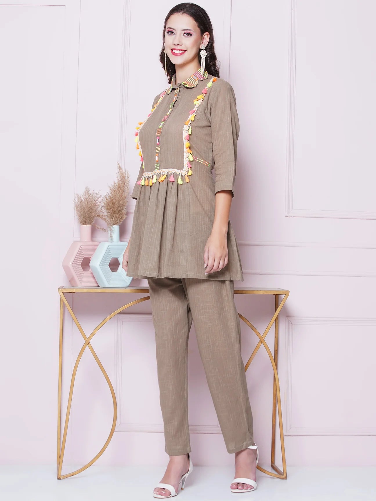 Designer Brownish Mirror Work & Embroidery Cotton Coord Set