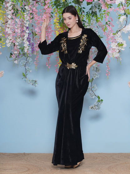 Designer Partywear Black Hand Embellished Velvet Gown with inner