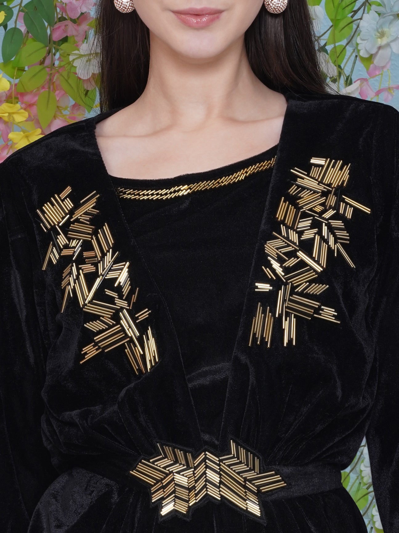 Designer Partywear Black Hand Embellished Velvet Gown with inner